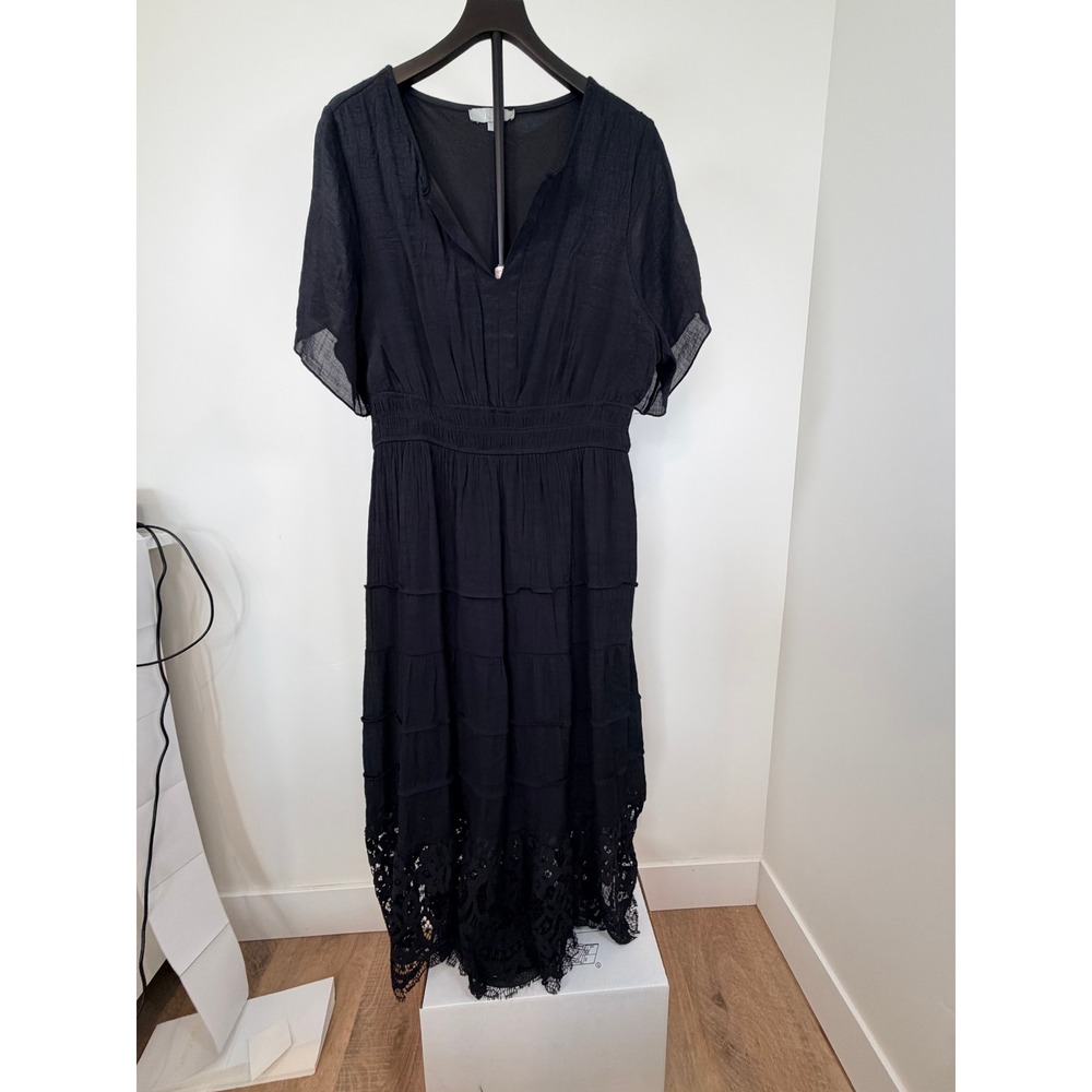 J GEE Black Lace Hem Tiered Midi Dress Womens Plus 2X V-Neck Short Sleeve Boho